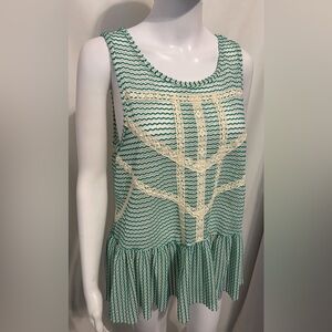 Free People Sz M Green Flowy Peplum Lace Trim  Top Festival Boho Retro Summer